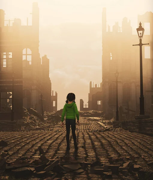 Chica caminando sola en ciudad abandonada, 3d rendering — Foto de Stock