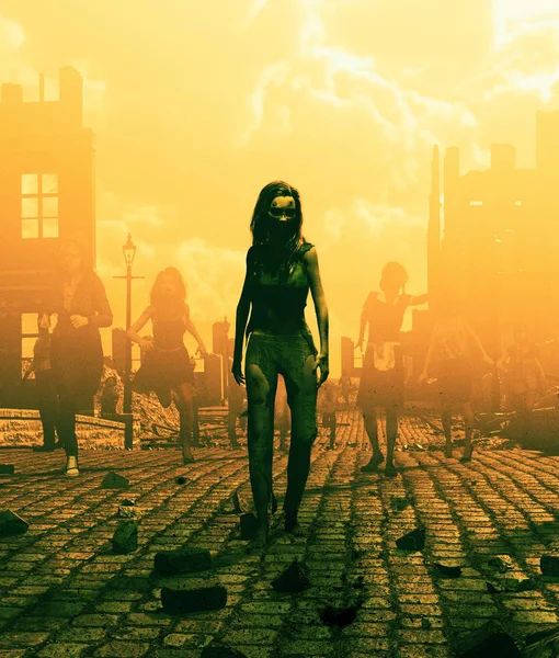 Horda de zombis en la ciudad arruinada después de un brote, ilustración 3d — Foto de Stock