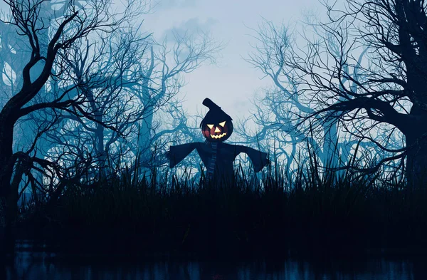 Scarecrow pompoen ingericht in griezelig bos, 3D rendering — Stockfoto