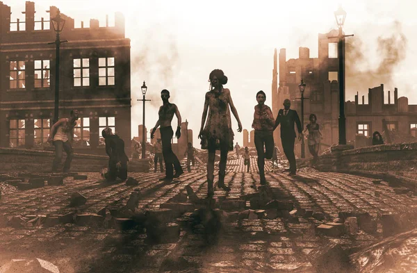 Zombie-Horde in zerstörter Stadt nach Ausbruch, 3D-Illustration Stockfoto
