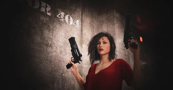 Menina com pistolas, ilustração 3d para capa de livro — Fotografia de Stock