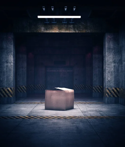 An old cardboard box in the dark,3d rendering — Stock Photo, Image
