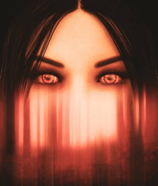 Perili ormanda hayalet kadının yüzü, kitap kapağı tasarımı için 3d illüstrasyon