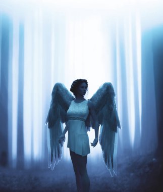 Mistik ormanda bir melek, 3d illüstrasyon