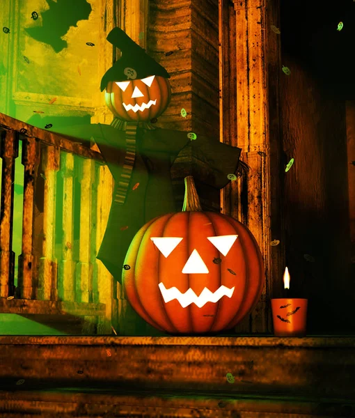 Halloween pompoen in Haunted House, 3D illustratie — Stockfoto