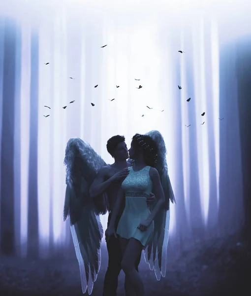 Un ángel y la mujer en el bosque místico, ilustración 3d — Foto de Stock