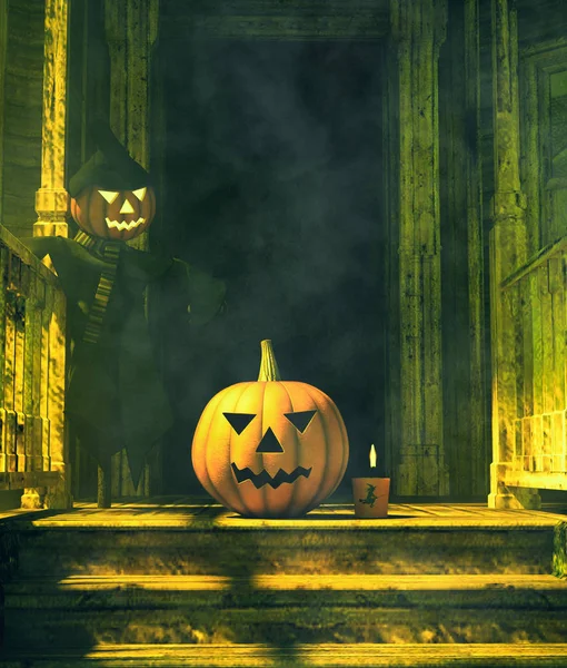 Zucca di Halloween in casa infestata, illustrazione 3d — Foto Stock