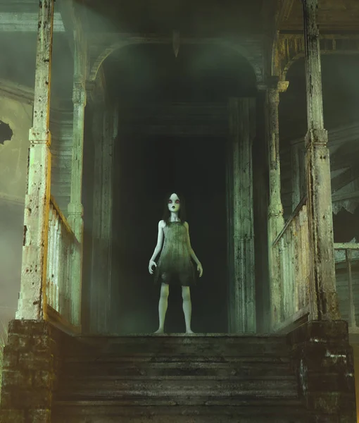 Spökkvinna i spökhus, 3D-rendering — Stockfoto