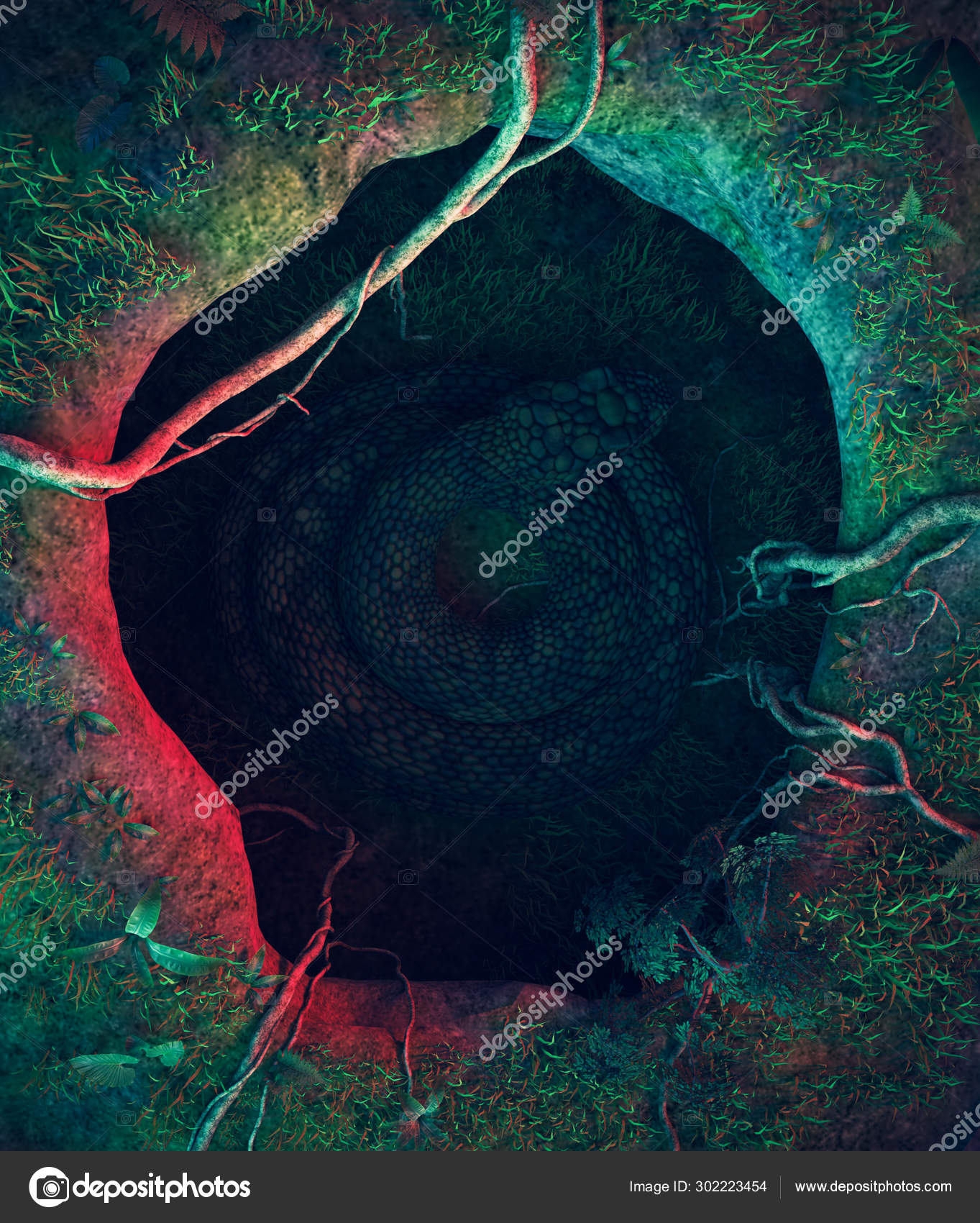 Don't wake the giant,Giant snake in the hole on the ground Stock Photo