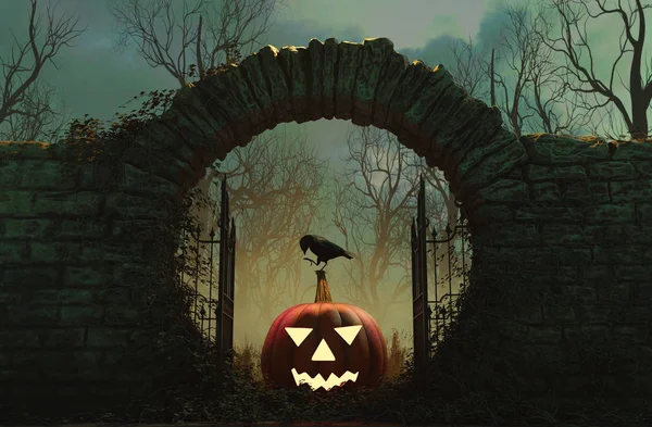 Das tor ist offen und halloween ist da, 3d illustration — Stockfoto