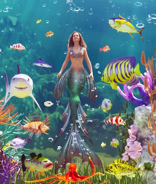 3d Sirena fantasy nel mare mitico — Foto Stock