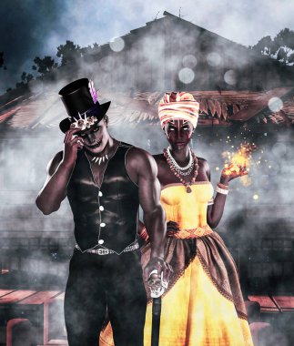 Doktor gölge veya Gölge adam ve Voodoo kraliçe, 3d illüstrasyon