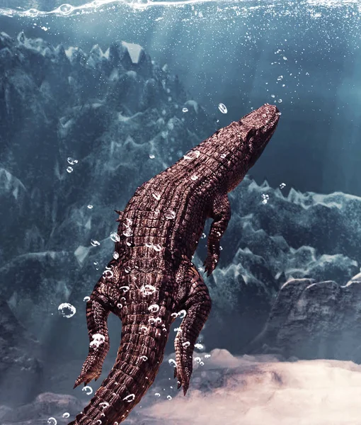 Crocodilo cena subaquática, ilustração 3d — Fotografia de Stock