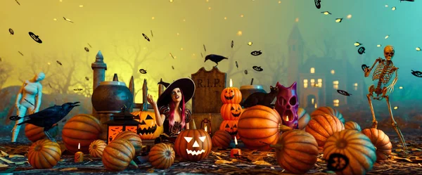 Halloween noite mágica, ilustração 3d — Fotografia de Stock