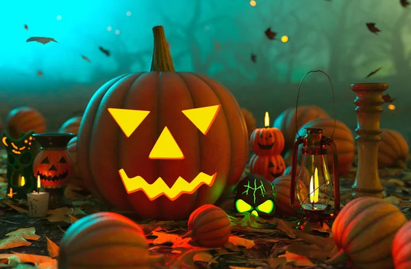 Upiorny Las z Halloween dynie, ilustracja 3D — Zdjęcie stockowe