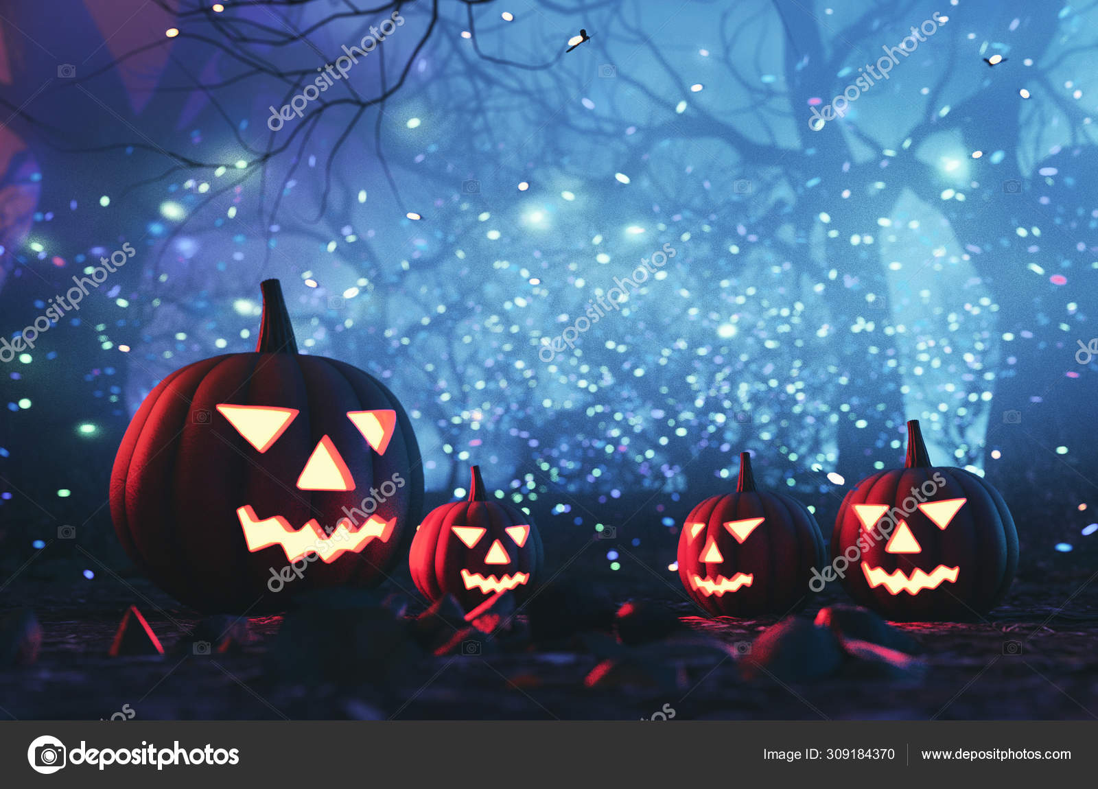 Spooky forest with halloween pumpkins,3d illustration — Free Stock