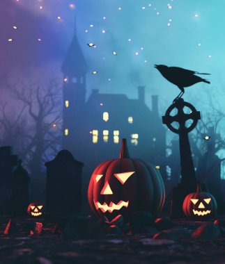 Cadılar Bayramı fantezi gece mezarlık, 3d illüstrasyon