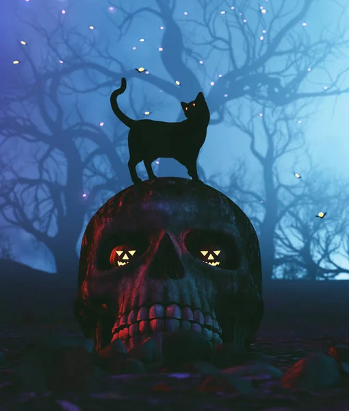 Black cat sitting on skull in halloween night,3d illustration — Stock Photo, Image