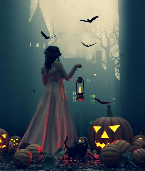 Mulher com lanterna entrando na mansão assustadora à noite — Fotografia de Stock