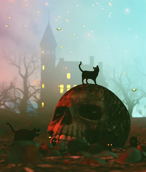 Czarny kot na czaszce w Halloween Night, 3D ilustracji — Zdjęcie stockowe