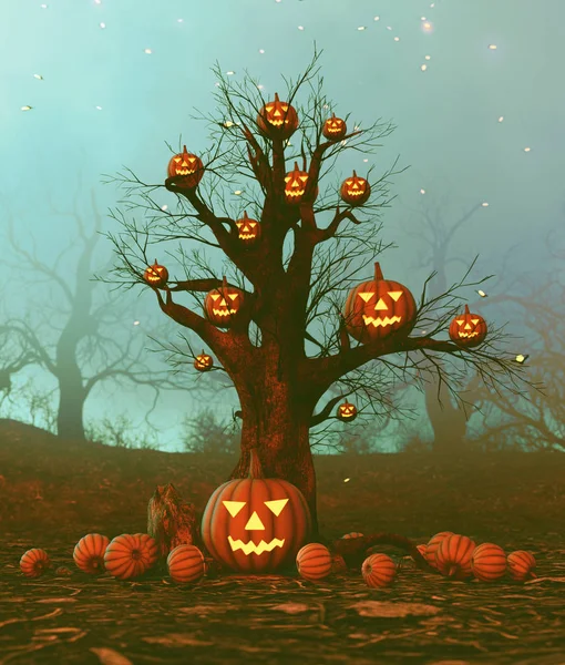 Хеллоуїн гарбузове дерево в лісі з привидами, 3d ілюстрація — стокове фото