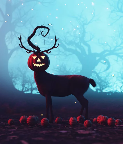 Jelenie z głową dyni Halloween, ilustracja 3D — Zdjęcie stockowe