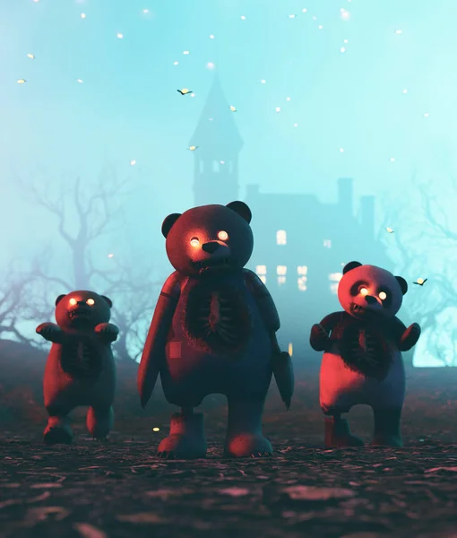 Griezelig beren speelgoed in Halloween nacht, 3D-illustratie — Stockfoto