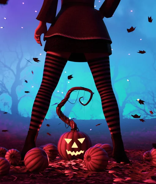 Czarownica Fantasy w nocy Halloween, ilustracja 3D — Zdjęcie stockowe