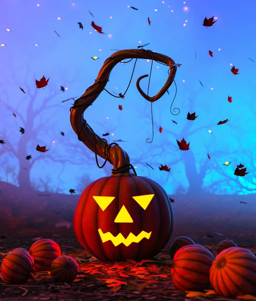 Calabaza de Halloween en el bosque espeluznante por la noche, ilustración 3d — Foto de Stock