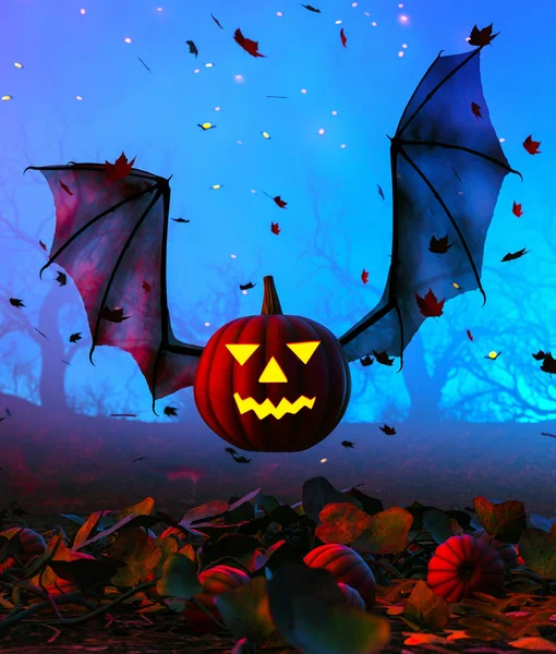 Yarasa kanatları ile uçan Halloween kabak, 3d illüstrasyon — Stok fotoğraf