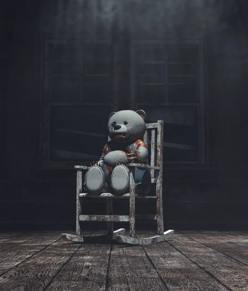 Φρίκη αρκούδα παιχνίδια στην παλιά καρέκλα, 3D εικονογράφηση — Φωτογραφία Αρχείου