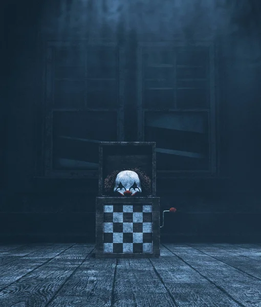 Haunted speelgoed jack in spookhuis, 3d illustratie — Stockfoto