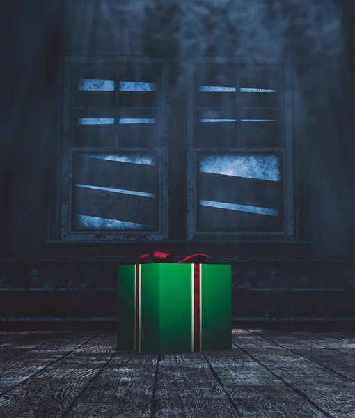 Nabídka, Zelená dárková krabička ve strašidelném domě, 3D ilustrace — Stock fotografie