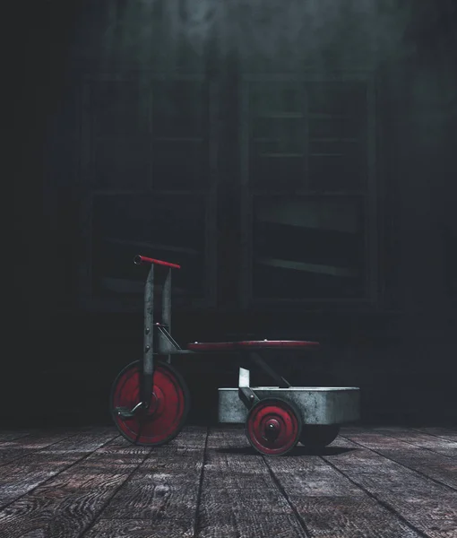 Perili evde üç tekerlekli bisiklet oyuncakları, üç boyutlu resimler. — Stok fotoğraf