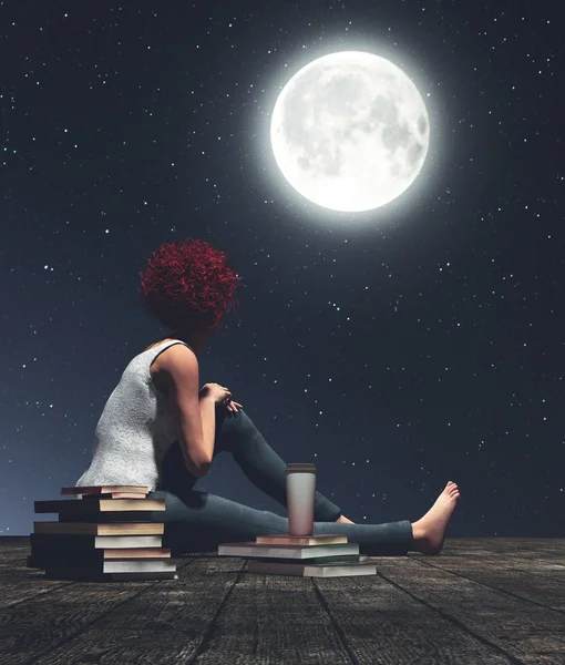 Girl sitting on wooden floors looking to the moon,3d illustration