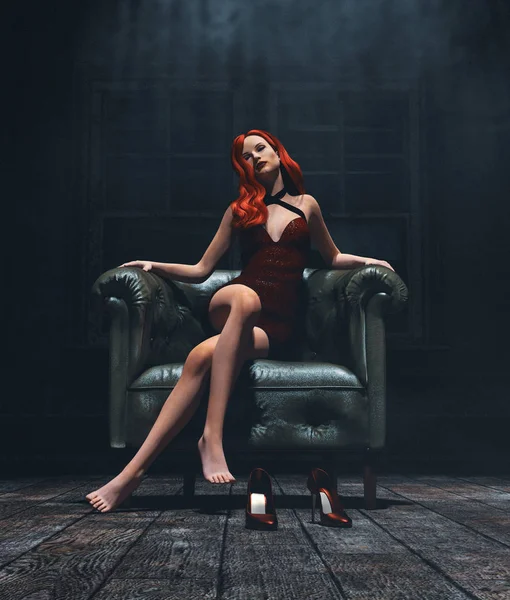 Night with the devil, there something behind that beauty, Sexy red hair girl sitting on vintage leather chair, 3d illustration * * 3d figure — Stock fotografie
