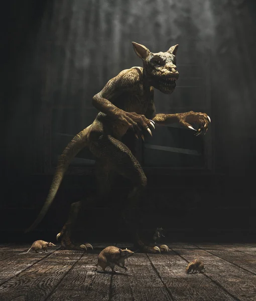 La casa del monstruo, este monstruo es mutado de lagarto y ratón, experimento salió mal renacido un nuevo horror, ilustración 3d — Foto de Stock