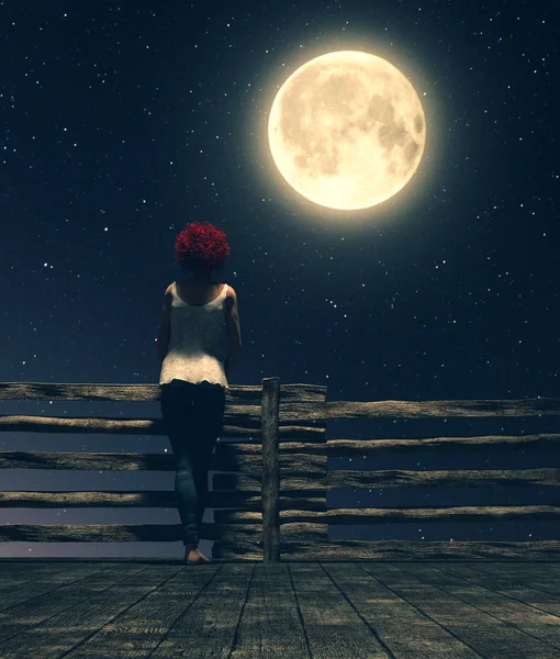 Samotna w świetle księżyca, Dziewczyna stojąca samotnie na drewnianym moście w nocy patrząc na księżyc, Ilustracja 3D — Zdjęcie stockowe