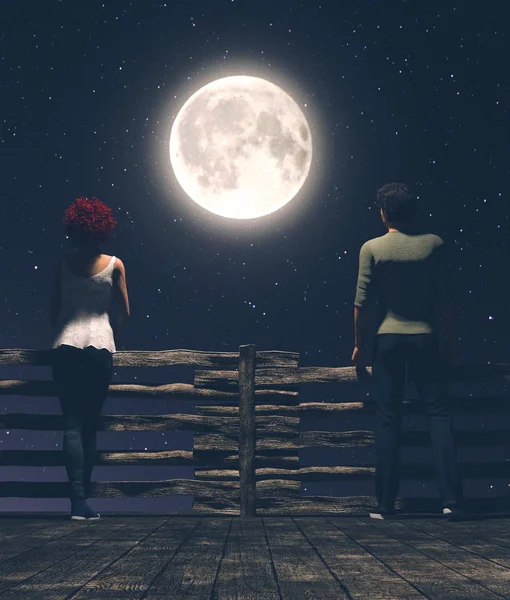 Distancia entre nosotros, hombre y mujer en el puente de madera en la noche con el fondo de la luna, ilustración 3d — Foto de Stock