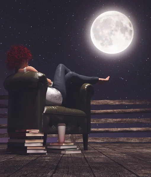 La vida tranquila, la mujer descansa en la silla de cuero vintage por la noche mirando a la luna, ilustración 3d — Foto de Stock
