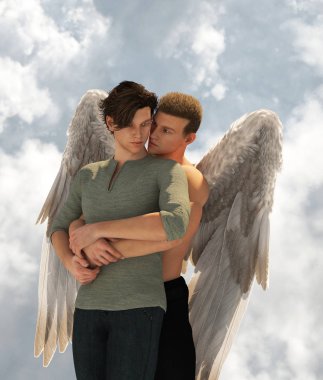Cennetten gelen aşk, gay fantezisi romantik kavramsal, 3 boyutlu illüstrasyon