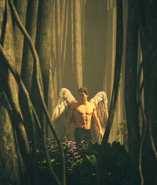 Um anjo no coração da floresta mística, ilustração 3d — Fotografia de Stock
