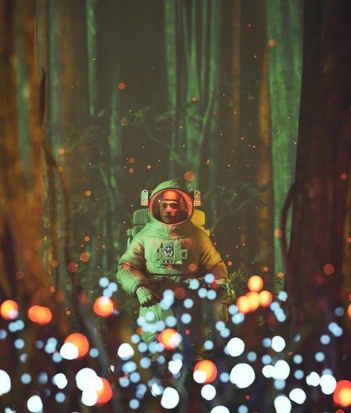 Astronaut in the heart of the forest, 3d rendering — стоковое фото