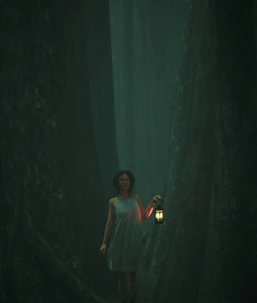 Mulher com lanterna caminhando para o coração da floresta, ilustração 3d — Fotografia de Stock