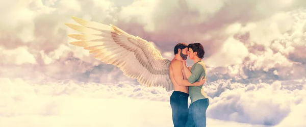 Love from heaven, Gay fantasy romantic conceptual, 3d illustration — стоковое фото