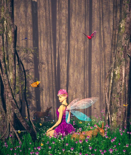 森林的故事，魔法森林里的小仙女，3D插图 — 图库照片