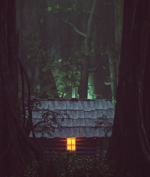 Licht aus dem Fenster einer alten Hütte im Spukwald lizenzfreie Stockbilder