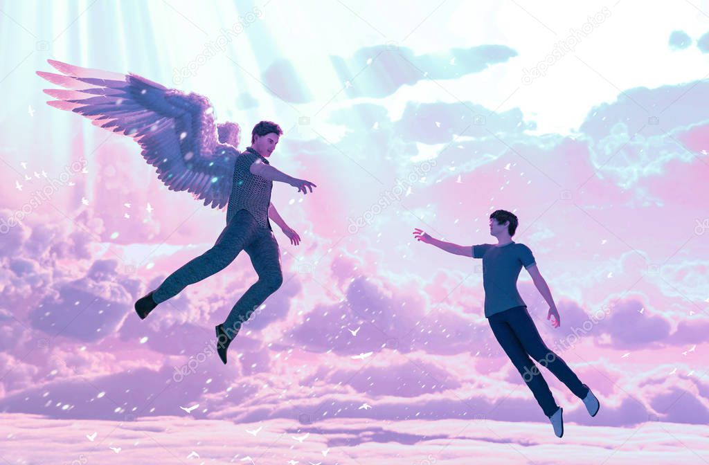 Love from heaven,Gay fantasy romantic conceptual,3d illustration