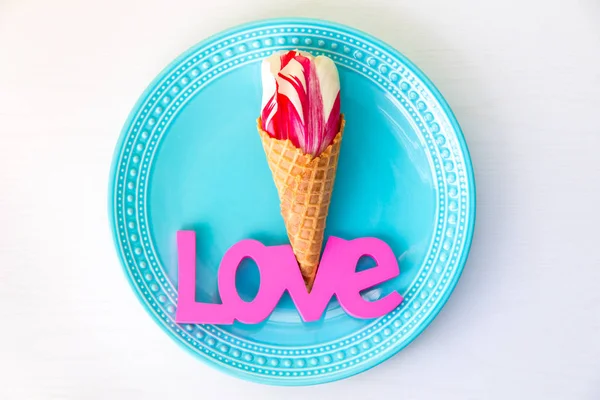 Tulip Flower Ice Cream Waffle Cone Plate Love Word — Stock Photo, Image