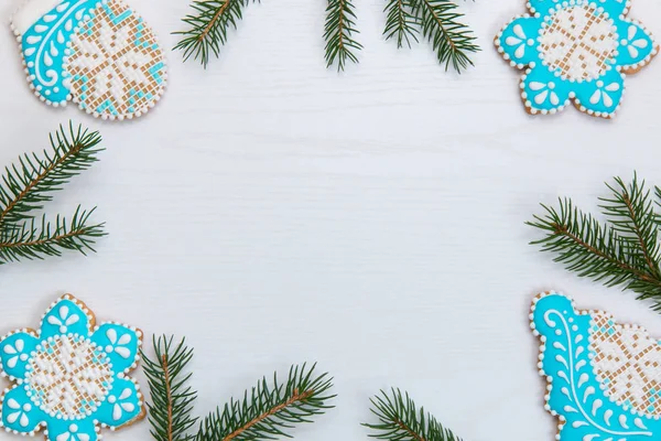 Frame Home Backed Decorated Christmas Cookies Tree Branches — Stock Photo, Image